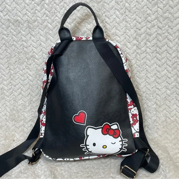 Sanrio Hello Kitty White Leather Mini Backpack‎ Black Pattern Red Bow Kawaii - Picture 2 of 11